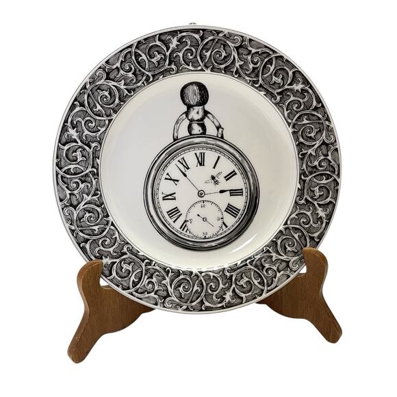 222 Fifth Slice Of Life Time Flys Salad Plate Decorative Black White Artsy 8.25" - Picture 3 of 6